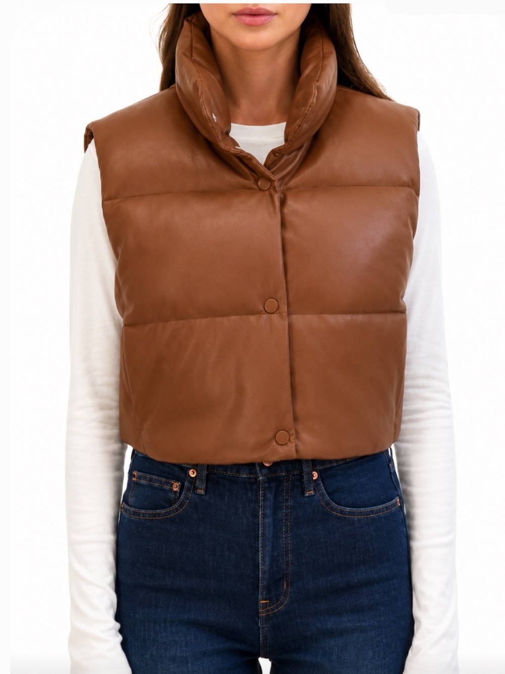Sebby Collection Cropped Puffer Vest in Brown 558